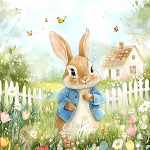 Peter Rabbit Primavera Clipart Bundle 12 Set Alta Qualità 300 DPI JPEG Carino Acquerello Coniglio Carta Artigianato Digitale Creazione Biglietti Decorazione Vivaio