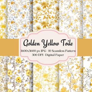 Motivo floreale senza cuciture in toile de jouy giallo dorato, motivo ripetuto, chinoiserie, per carta digitale, retro, shabby chic, estetica, scrapbooking