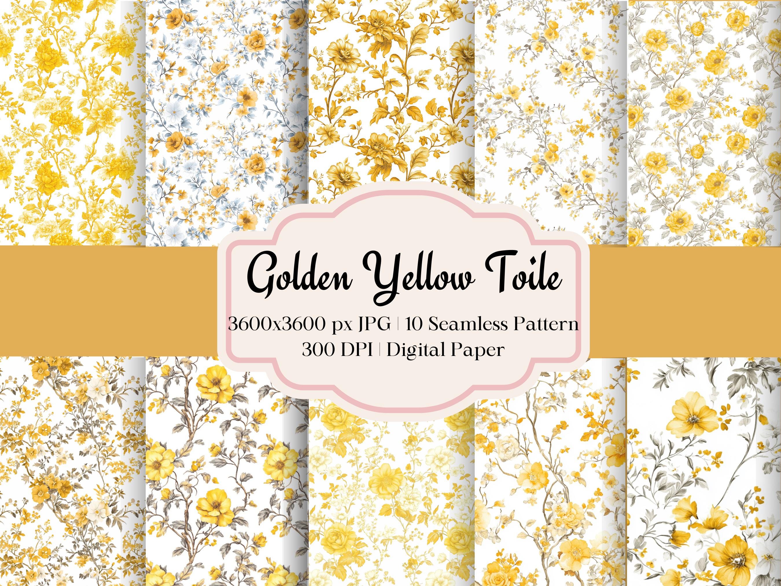 Golden Yellow Toile De Jouy Seamless Pattern Floral Chinoiserie Repeated Design for Digital Paper Retro Shabby Chic Aesthetic Scrapbook
