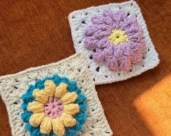 2 Patterns in 1 purchase | Crochet 3D Popcorn Flower Granny Squares