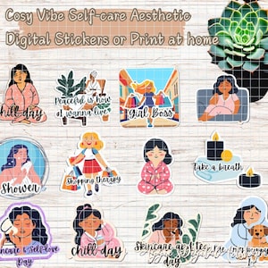 May include: A set of 10 digital stickers featuring illustrations of women in various self-care activities. The stickers include phrases like "chill day", "shopping therapy", "peaceful is how I wanna live", and "girl boss".
