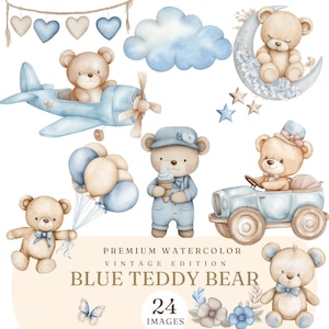 Clipart de oso de peluche vintage azul en acuarela – Lindo osito PNG – Baby Shower – Arte infantil – Ilustraciones para fiestas de cumpleaños – USO COMERCIAL
