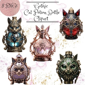 Gothic Cat Potion Bottle Clipart / Magic Potion Bottles / Apothecary Potion Bottle / Mystical Feline Potion Bottles /Witch Junk Journal