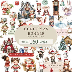 Cute Christmas Clipart Bundle - Watercolor Christmas Images - Christmas Holiday PNG - Festive Clip art