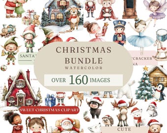 Peut inclure: Un lot de clipart de Noël en aquarelle avec plus de 160 images. Le lot comprend des illustrations de Père Noël, d'elfes, de rennes, de casse-noix, de maisons en pain d'épices, d'ours polaires, de pingouins et plus encore. Les images sont parfaites pour créer des cartes, des invitations, des pages de scrapbooking et d'autres travaux manuels festifs.
