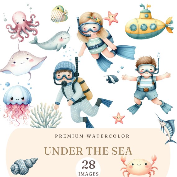Underwater Clipart - Watercolor Undersea Images - Under the sea Birthday Clip art - Cute Ocean Animals - Ocean Nursery Art - Sea Animals PNG