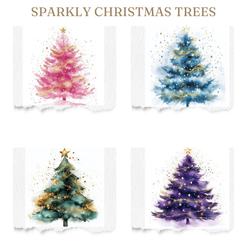 May include: Four watercolour Christmas tree designs in pink, blue, green, and purple. Each tree has a gold star and gold accents. The text "SPARKLY CHRISTMAS TREES" is at the top.