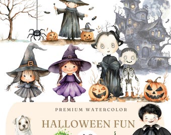 May include: A set of 40 watercolor illustrations featuring Halloween characters and objects. The illustrations include a witch, a vampire, a ghost, a skeleton, a pumpkin, a cauldron, and a haunted house. The illustrations are perfect for creating Halloween cards, invitations, and decorations.
