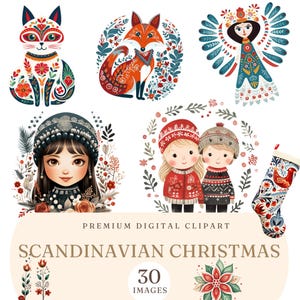 Clipart di Natale scandinavo, arte popolare natalizia, PNG di Natale scandinavo, Clipart nordico, Clipart delle vacanze, clipart di arte popolare scandinava