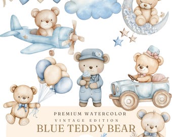 Watercolor Blue  Teddy Bear Clipart – Cute Vintage Teddy PNG – Baby Shower – Nursery Art – Birthday Party Illustrations – COMMERCIAL USE