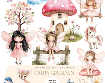 Pink Fairy Watercolor Clipart: Garden Party PNG Graphics (Digital Download)