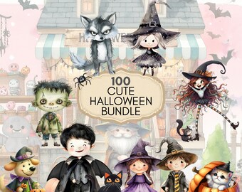 100 söta Halloween-clipartpaket PNG - Transparent bakgrund - Halloween-väggkonst - Halloween-paket utskrivbara material - Nyckfull Halloween