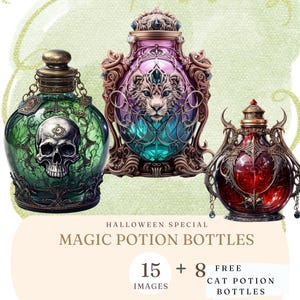 Magic Potion Bottle Clipart, Halloween PNG, Gothic Apothecary Potion Clip Art, Dark Potion Bottle Printable, Witches Potion, Fantasy Prop