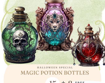 May include: Three ornate magic potion bottles. One is green with a skull, another is purple with a lion, and the third is red. The image includes the text "Halloween Special Magic Potion Bottles" and "15 + 8 Free Cat Potion Bottles."