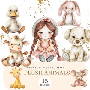 Brinquedos de animais de pelúcia aquarela clipart - animais fofos de berçário em aquarela - Boho Baby Stuffed Animals Clip art - Decoração de animais de bebê - Chá de bebê
