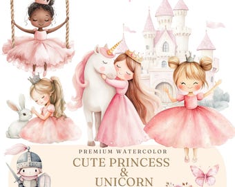 Cute Princess and Unicorn Clipart - Watercolor Princess Images - Princess Birthday Invitation - Fairytale Princess Unicorn Party PNG