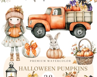 Clipart di zucca di Halloween ad acquerello - Zucca autunnale - Clipart autunnale - Download di zucca di Halloween stampabile - LICENZA COMMERCIALE