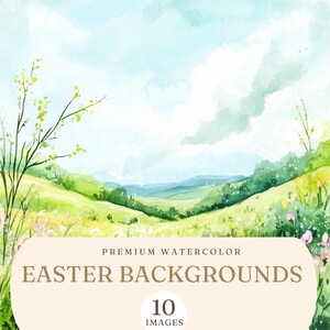 May include: A watercolour painting of a green grassy field with rolling hills in the background. The sky is blue with white clouds. The text "PREMIUM WATERCOLOUR EASTER BACKGROUNDS 10 IMAGES" is at the bottom of the image.