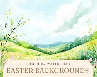 Easter Backgrounds - Watercolor Easter Scene - Easter Spring Clipart - Nursery Decor -Easter Graphics for Kids - Easter Egg, Basket, Bunnies
