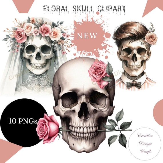 Halloween Skull Clipart , Floral Gothic Skull PNG Bundle, Spooky Halloween Images, Boho Gothic Skull Flowers,  Creepy Halloween Designs