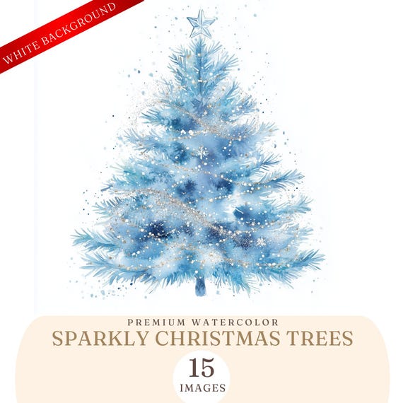 Watercolor Sparkly Christmas Tree Clipart - Festive Glitter Holiday Tree PNG - Xmas Illustrations - Commercial License