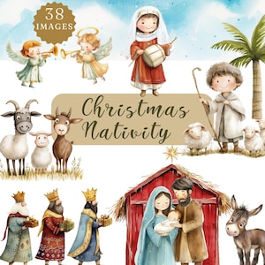 Aquarel kerststal clipart - kerststal scène verhaal png-afbeeldingen - digitale download - illustraties geboorte baby Jezus