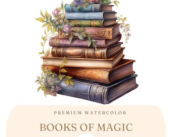 Clipart de livros mágicos em aquarela / Clip art de livros antigos / Download digital de livros de feitiços / Diário de lixo / Livros de fantasia / Livros antigos de magia