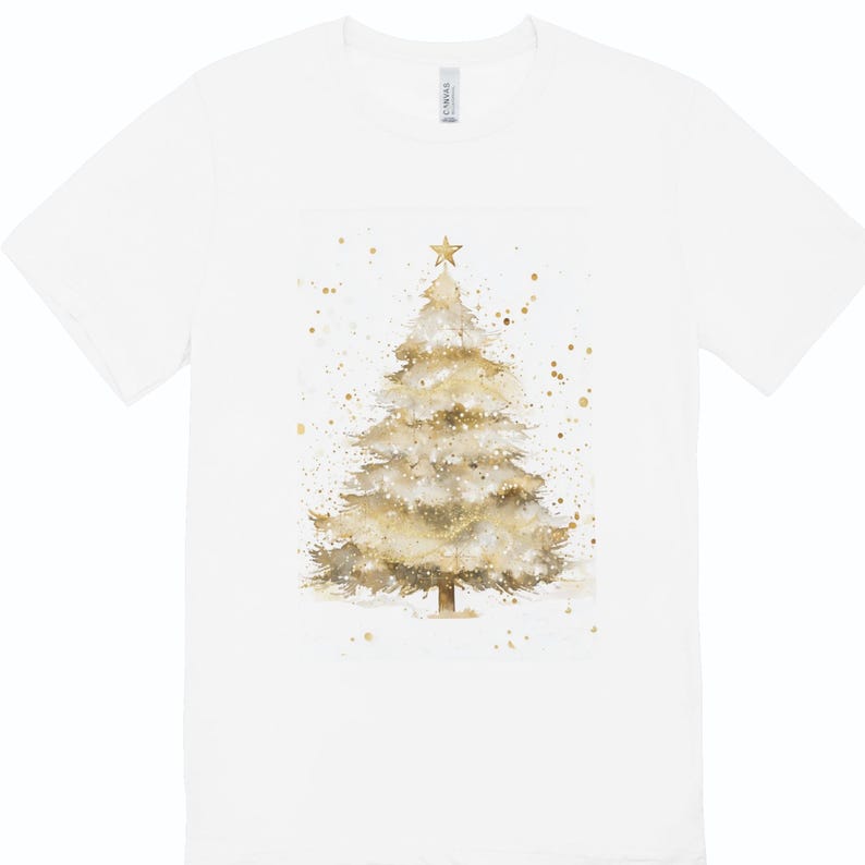 May include: White t-shirt with a watercolour Christmas tree design. The tree is in gold and beige, with a star and gold speckles. A festive apparel item.