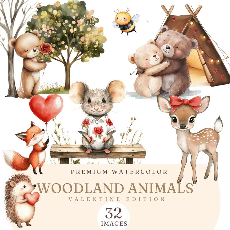 Cute Woodland Animals Clipart – Watercolor Woodland Valentine Clip Art ...