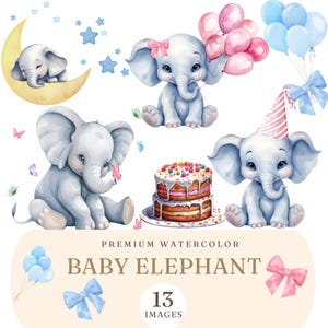 Clipart di elefantino / Clipart di piccoli animali ad acquerello / Elefante dei cartoni animati / Immagini clipart per baby shower / Arte per la cameretta dei bambini / Decorazioni per la cameretta dei bambini