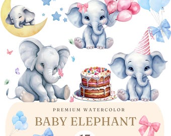 Baby Elephant Clipart / Watercolor Little Animal Clipart/ Cartoon Elephant / Baby Shower Clip art Images/ Nursery Art / Kids Room Decor