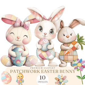 Peut inclure: Illustration à l'aquarelle de trois lapins de Pâques en patchwork. Un lapin tient un œuf bleu, un autre un œuf coloré et le troisième une carotte. L'image comprend le texte "PREMIUM CLIPART PATCHWORK EASTER BUNNY 10 IMAGES".
