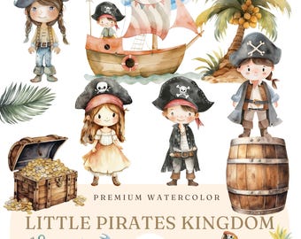 Little Pirates Watercolor Clipart - Pirate Illustrations - Cute Pirate Party Printables - Kids Pirate Clip art Images -Pirate Graphics PNG