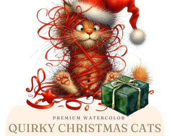 Quirky Cute Cats Christmas Clipart - Watercolor Whimsical Cats Clip art - Funny Cats PNG - Humorous Christmas Cats Prints - Digital Download