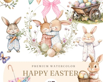 Happy Easter Bunny Rabbit Clipart - Watercolor Easter Images - Spring Easter Design - Easter Day Clip art -Cute Easter Bunnies - Kids Decor