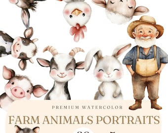 Cute Farm Animals Portraits Clipart- Watercolor Farm Clipart Bundle - Farm Animals PNG - Baby Animals  Kids Nursery Decor - Farm Baby Shower