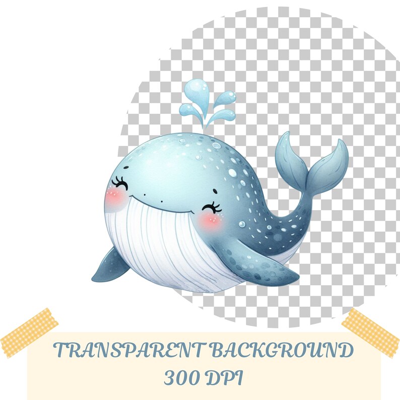 May include: A cute blue whale with white spots and a big smile. The whale has a white belly and a blue tail fin. The whale is surrounded by a transparent background.
