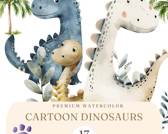 Cute Cartoon Dinosaur Clipart, Dinosaur Kids Nursery - Boho Dinosaur Clip Art - Dinosaur Baby Shower - Digital Dinosaur PNG, Dino Kids Decor