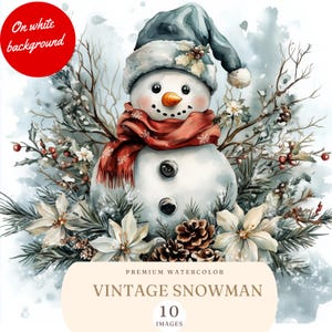Watercolor Vintage Snowman Clipart - Whimsical Holiday Snowman Illustrations - Cute Winter Snowman - Retro Christmas Snowman Decor PNG-