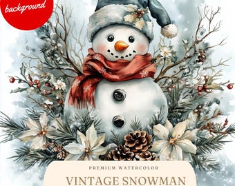 水彩画風ヴィンテージクリスマス雪だるまクリップアート - レトロなクリスマスイラストPNG - クリスマスデジタルダウンロード