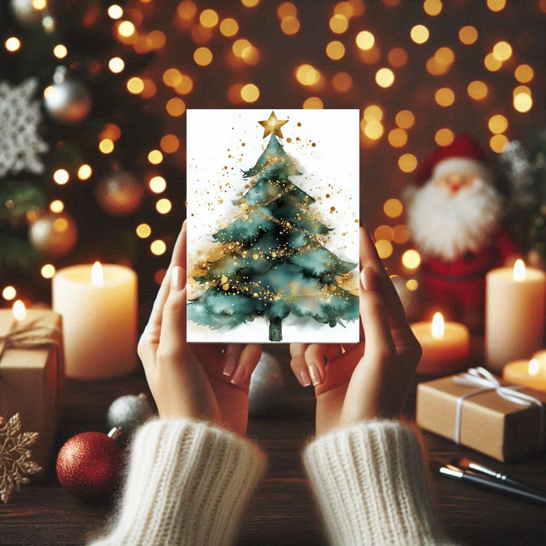 May include: A Christmas card with a teal watercolour Christmas tree design, embellished with gold accents and a gold star. The card is held against a blurred backdrop of festive lights, candles, and presents.