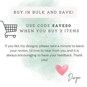 May include: A green watercolor background with a shopping cart icon and text that reads "BUY IN BULK AND SAVE! USE CODE SAVE30 WHEN YOU BUY 3 ITEMS". The text "Divya" is at the bottom of the image.