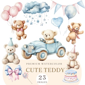 Clipart de urso de pelúcia em aquarela - Ursinho rosa - Ilustrações de ursinho azul - Chá de bebê PNG - Arte para berçário - Convite de aniversário infantil - Uso comercial