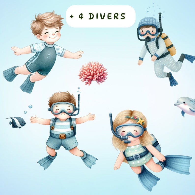 May include: Four cartoon divers, two boys and two girls, wearing scuba gear and flippers, are swimming underwater. One diver is holding a coral, another is near a dolphin, and the other two are swimming freely. The image includes the text '+ 4 DIVERS'.