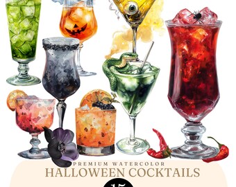 Ilustrações em aquarela de coquetéis de Halloween - Ilustrações de bebidas assustadoras - Poções de bruxa em PNG - Bebidas para festa de Halloween em PNG