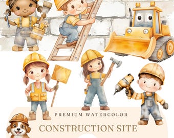 Watercolor Construction Vehicles Clipart - Cute Diggers, Trucks, Cranes - Boys Nursery Art - Children Birthday Party - Building Machines