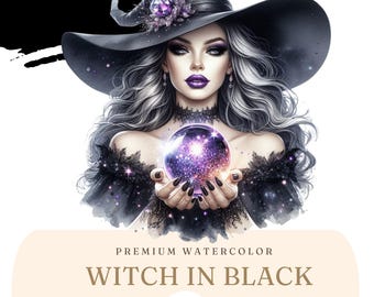 Watercolor Halloween Witch Clipart -Beautiful Black Witch -Spooky Gothic Witch Decor PNG - Mystical Witch Illustrations