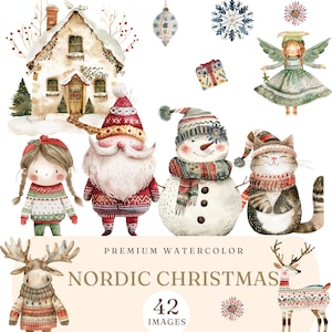 Watercolor Nordic Christmas Clipart - Scandi Christmas Clipart Bundle - Cute Christmas Print images - Scandinavian Christmas PNG Decor