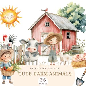 Imágenes prediseñadas de animales de granja en acuarela - Imágenes prediseñadas de animales de granja bebés - Ilustraciones de animales - Animales de granja de corral - Paquete PNG de animales de granja lindos