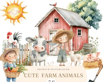Watercolor Farm Animals Clipart - Baby Farm Animal Clip art - Animal Illustrations -Barnyard Animals -  Farm Life PNG - Instant Download